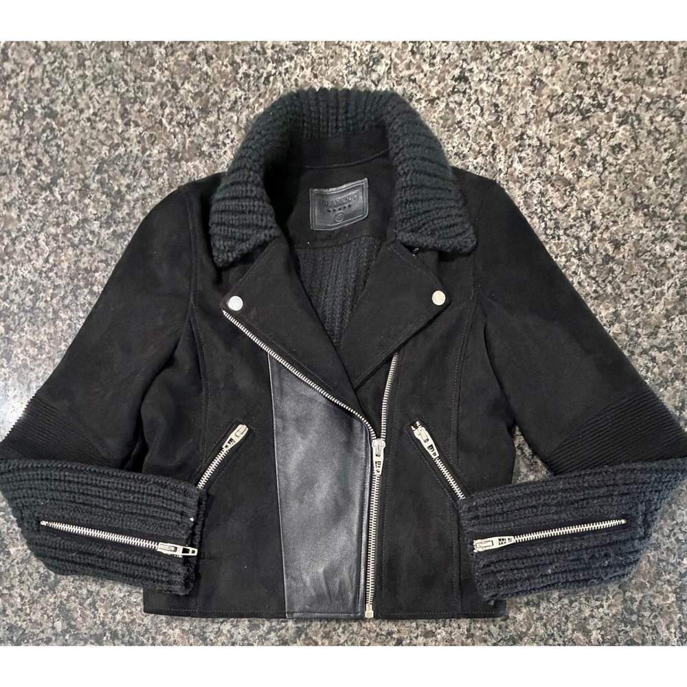 BlankNYC Womens Mixed Media Moto Jacket Black‎ Faux Suede Leather Knit S